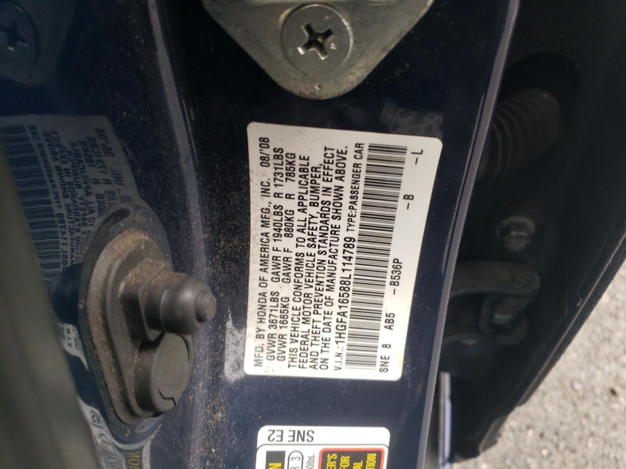 2008 Honda Civic Lx VIN: 1HGFA16588L114789 Lot: 55863815