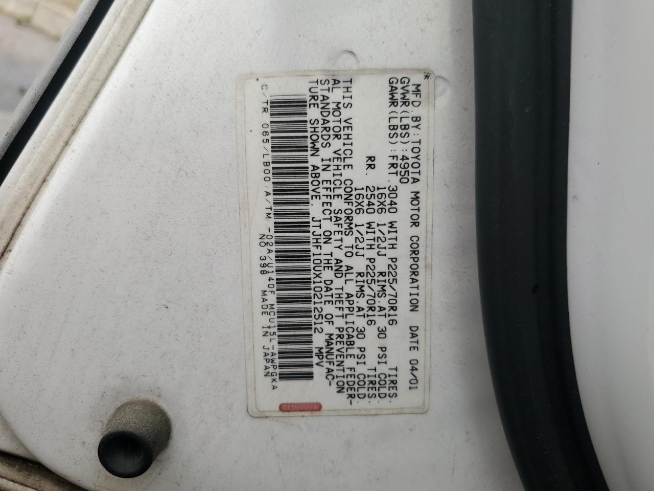 2001 Lexus Rx 300 VIN: JTJHF10UX10212512 Lot: 56628675