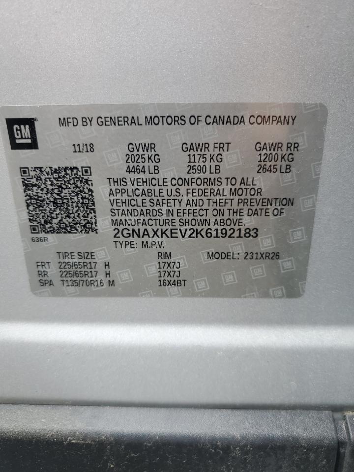 2019 Chevrolet Equinox Lt VIN: 2GNAXKEV2K6192183 Lot: 56540185
