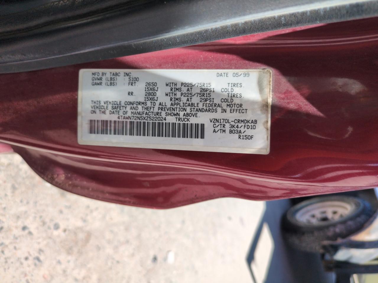 1999 Toyota Tacoma Xtracab VIN: 4TAWN72N5XZ522024 Lot: 57479515