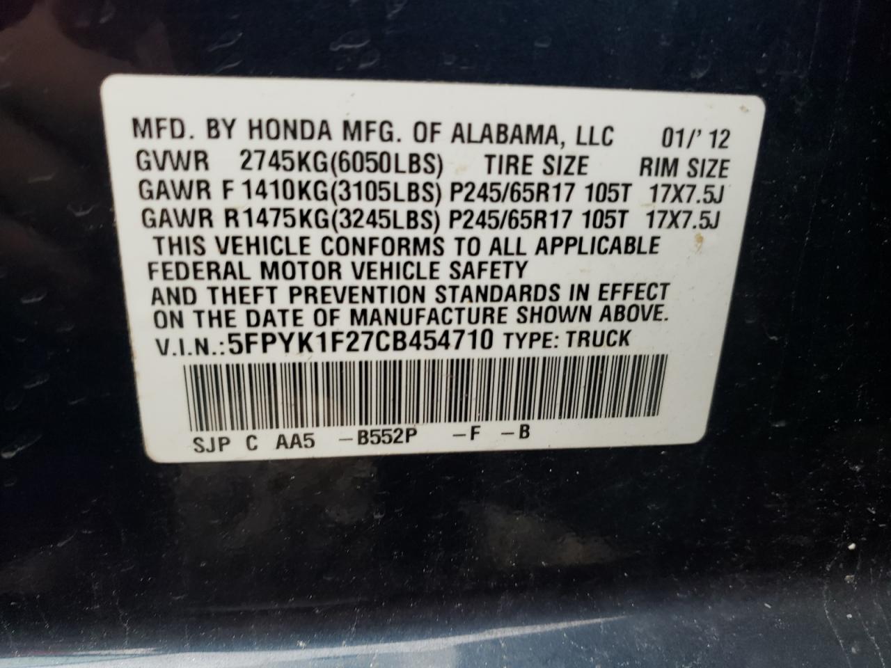 2012 Honda Ridgeline Rt VIN: 5FPYK1F27CB454710 Lot: 57634595