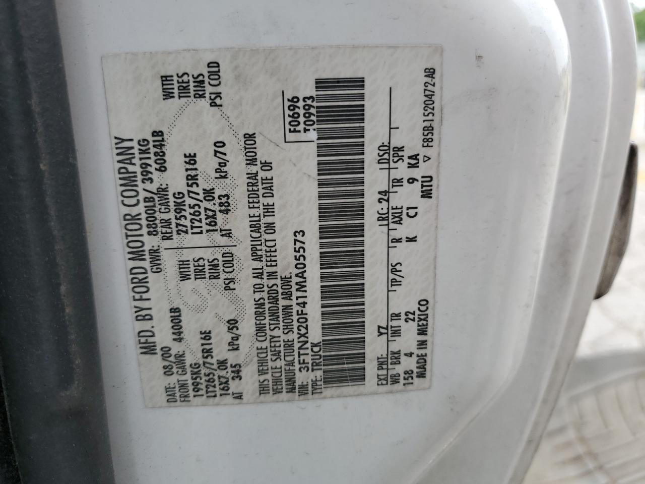 2001 Ford F250 Super Duty VIN: 3FTNX20F41MA05573 Lot: 57443565