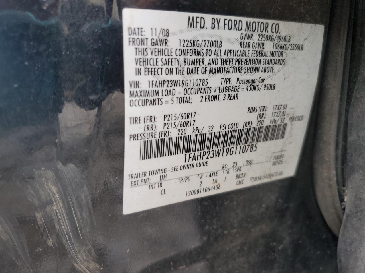 2009 Ford Taurus Se VIN: 1FAHP23W19G110785 Lot: 57155105