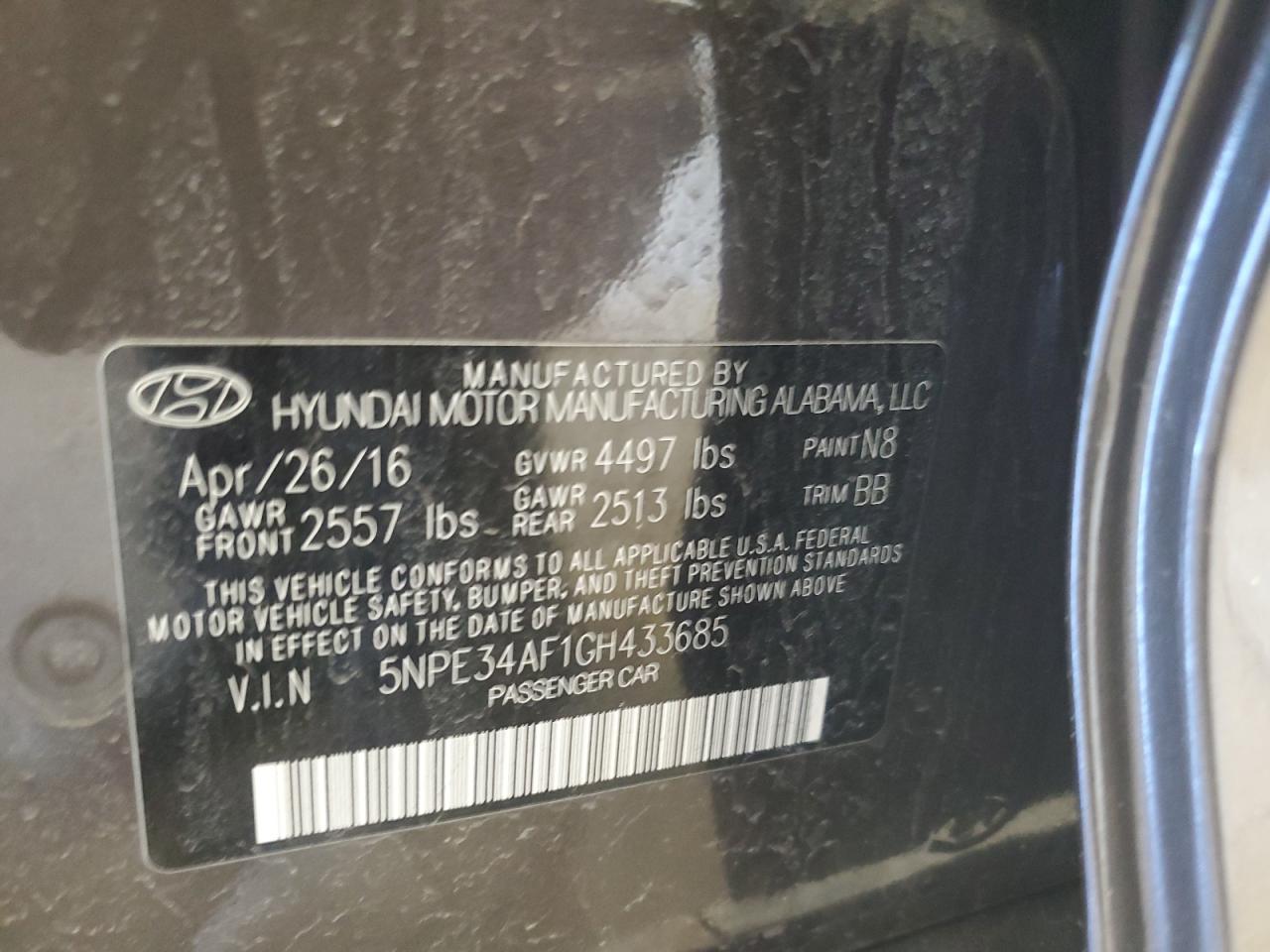 2016 Hyundai Sonata Sport VIN: 5NPE34AF1GH433685 Lot: 56300005