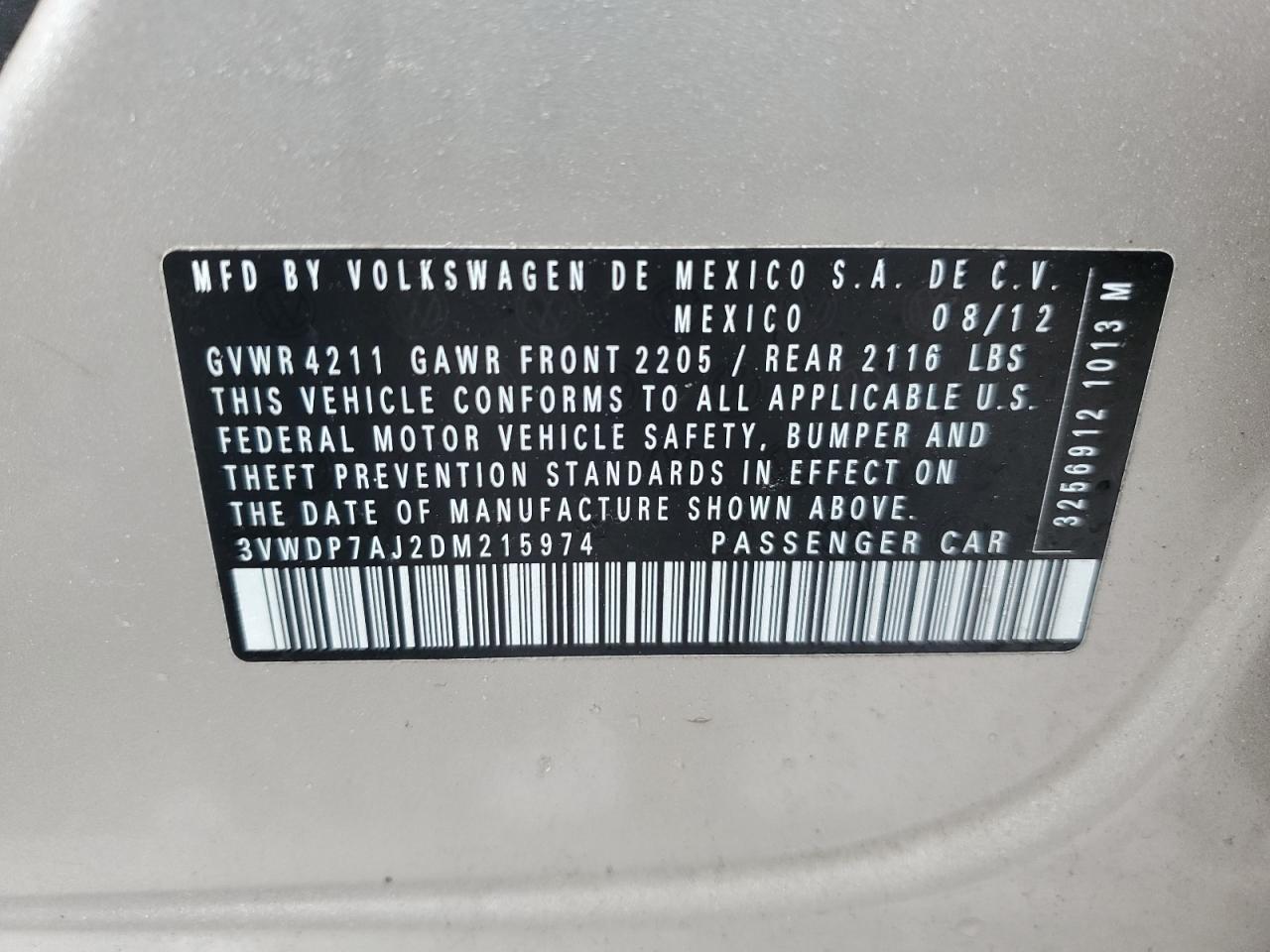 2013 Volkswagen Jetta Se VIN: 3VWDP7AJ2DM215974 Lot: 56842295