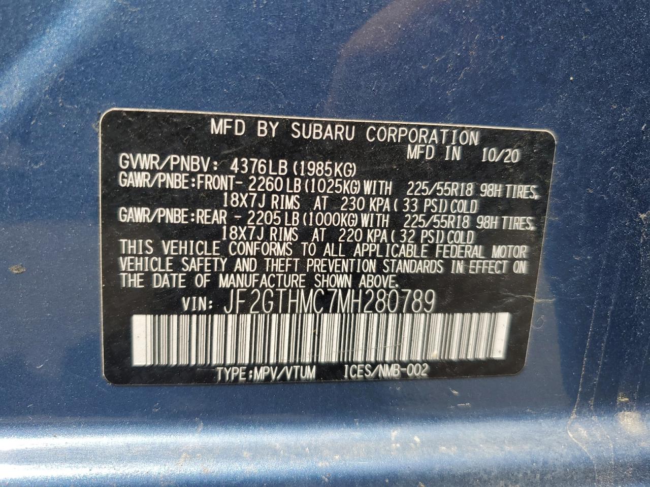 2021 Subaru Crosstrek Limited VIN: JF2GTHMC7MH280789 Lot: 57076115