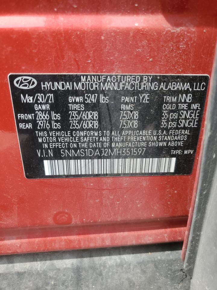 2021 Hyundai Santa Fe Se VIN: 5NMS1DAJ2MH351597 Lot: 58300925
