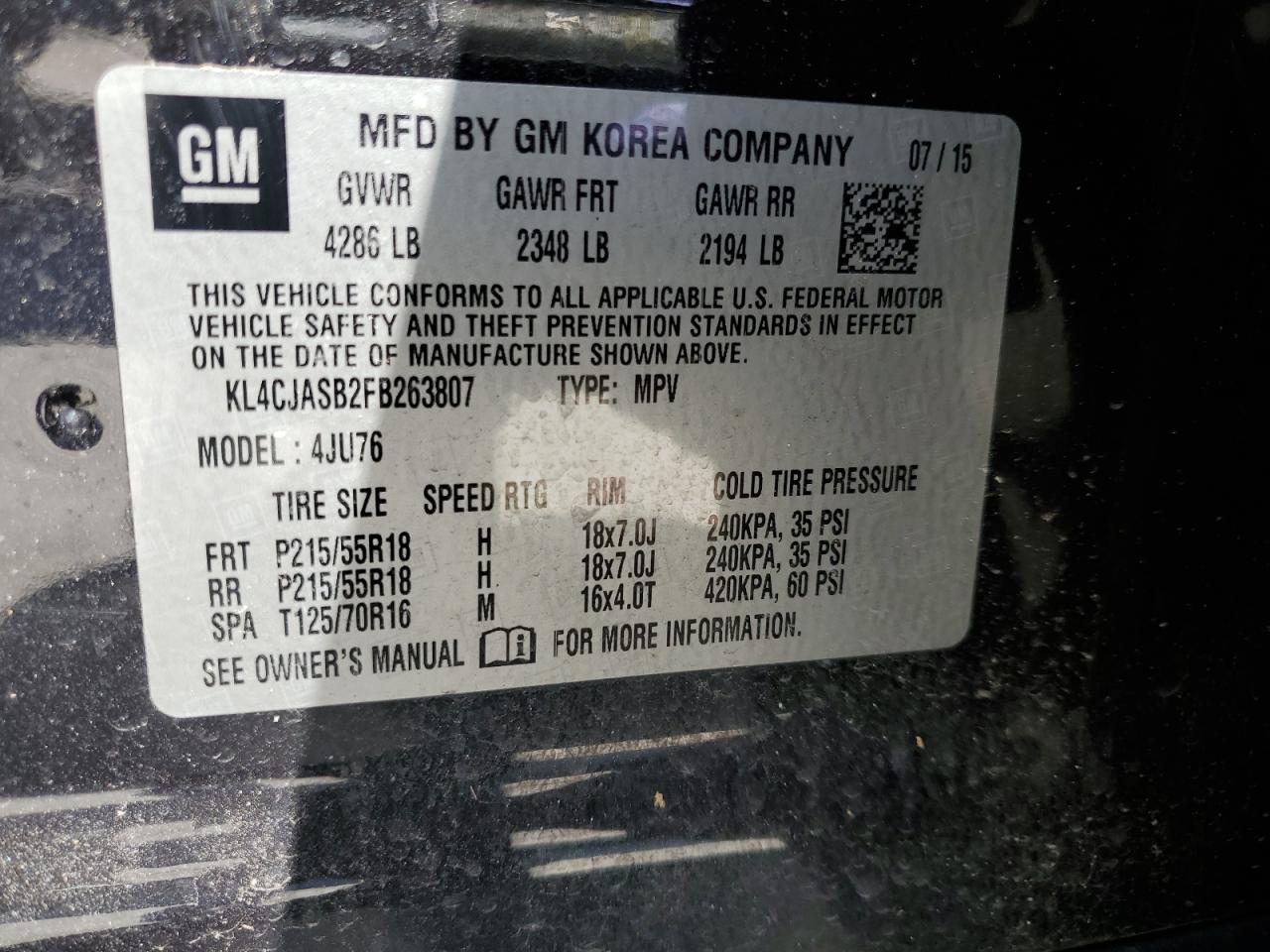 2015 Buick Encore VIN: KL4CJASB2FB263807 Lot: 56656885