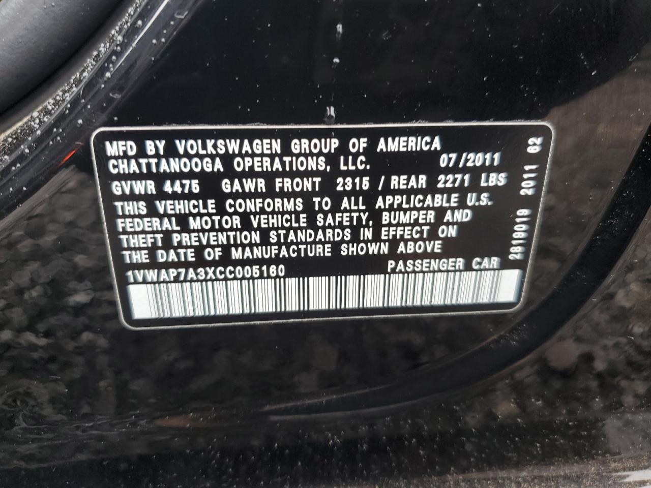2012 Volkswagen Passat S VIN: 1VWAP7A3XCC005160 Lot: 58520885