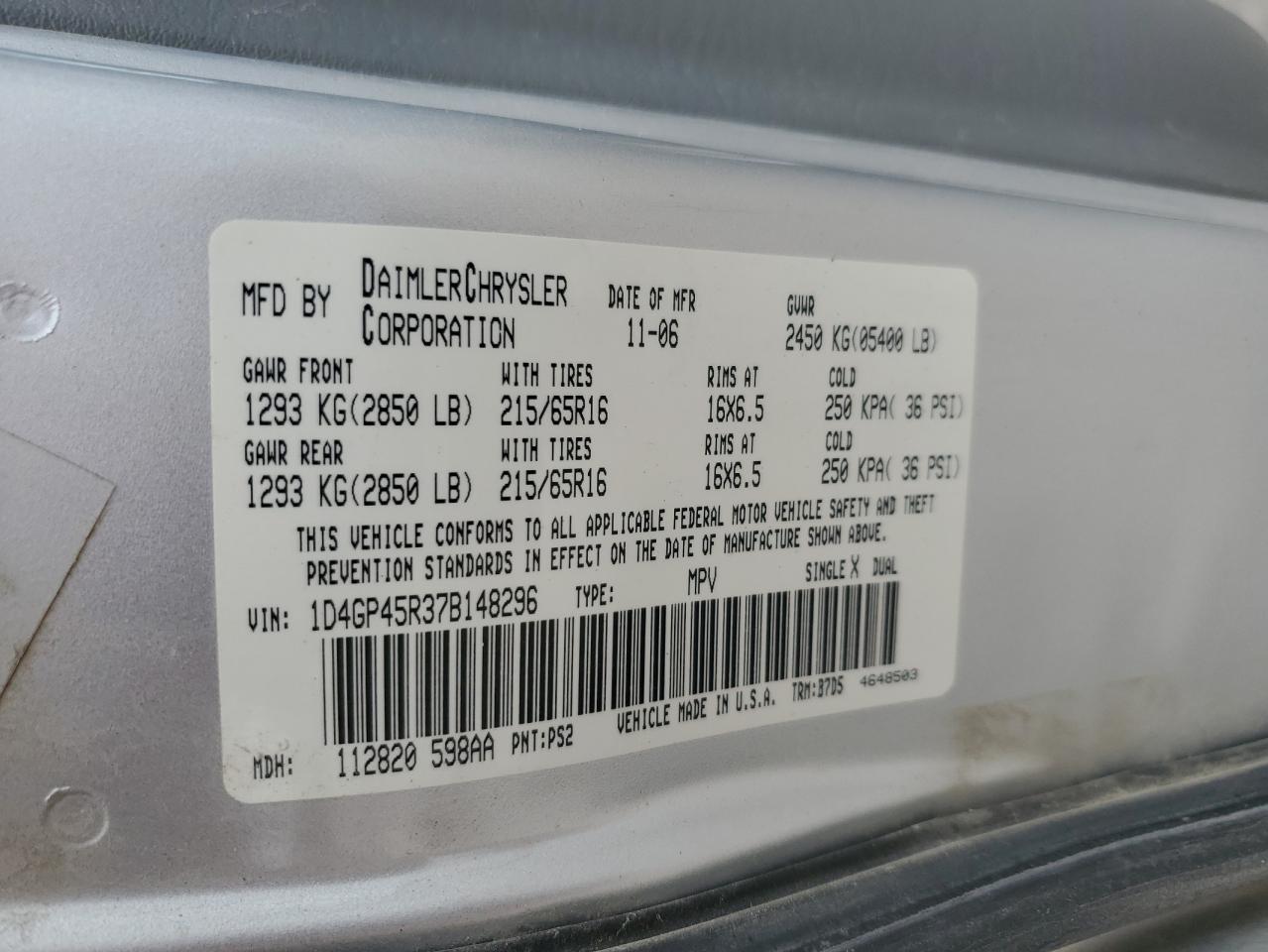 2007 Dodge Caravan Sxt VIN: 1D4GP45R37B148296 Lot: 55973175