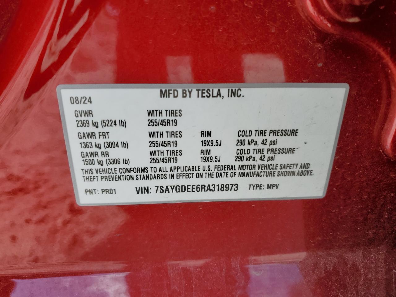 2024 Tesla Model Y VIN: 7SAYGDEE6RA318973 Lot: 55586435