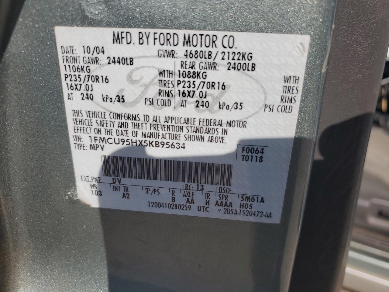 2005 Ford Escape Hev VIN: 1FMCU95HX5KB95634 Lot: 56513595