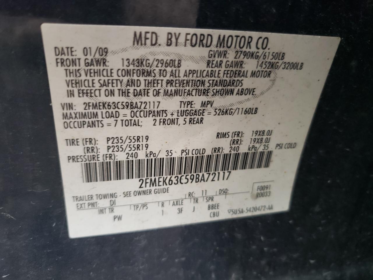 2009 Ford Flex Limited VIN: 2FMEK63C59BA72117 Lot: 56575135