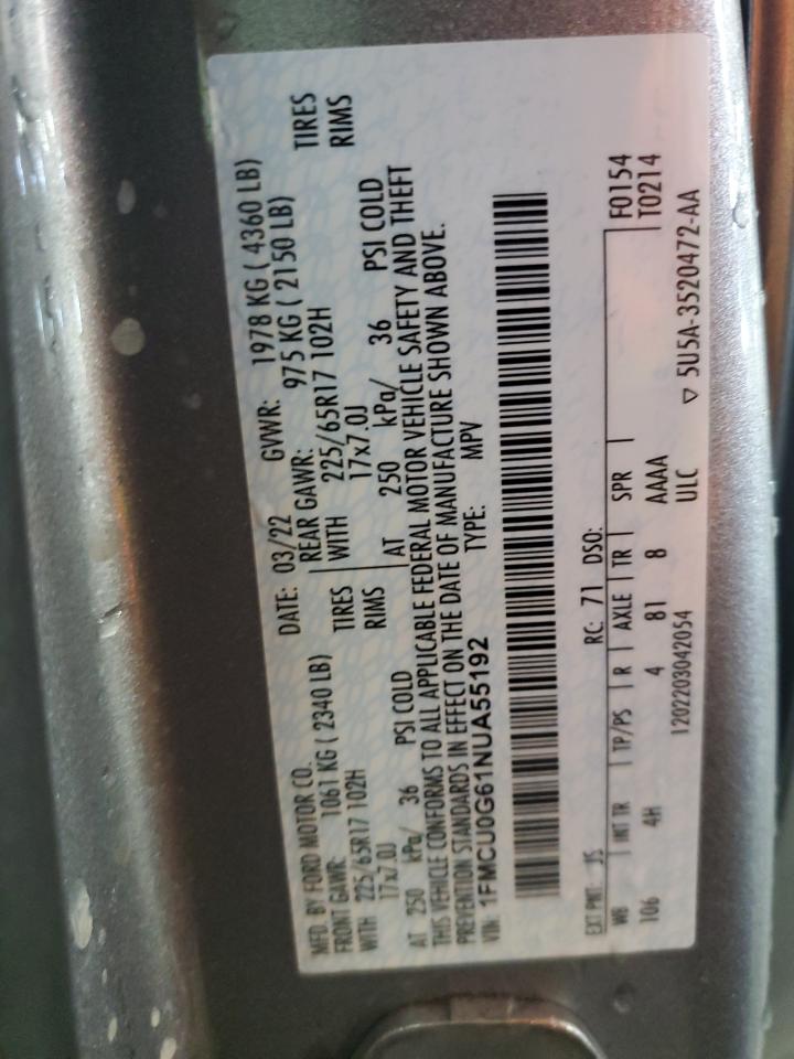 2022 Ford Escape Se VIN: 1FMCU0G61NUA55192 Lot: 56238145