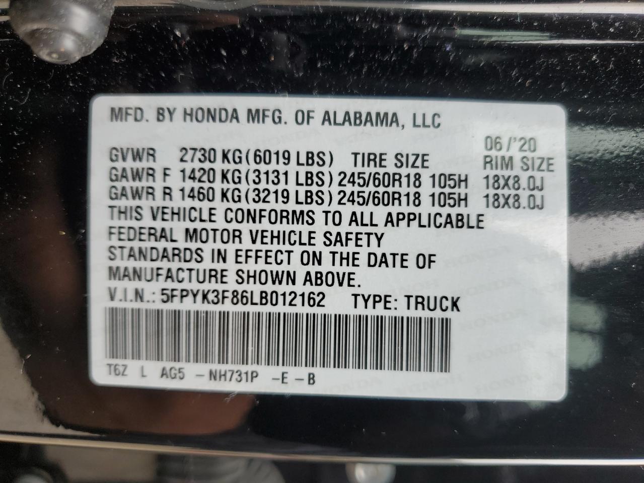 2020 Honda Ridgeline Black Edition VIN: 5FPYK3F86LB012162 Lot: 55620905