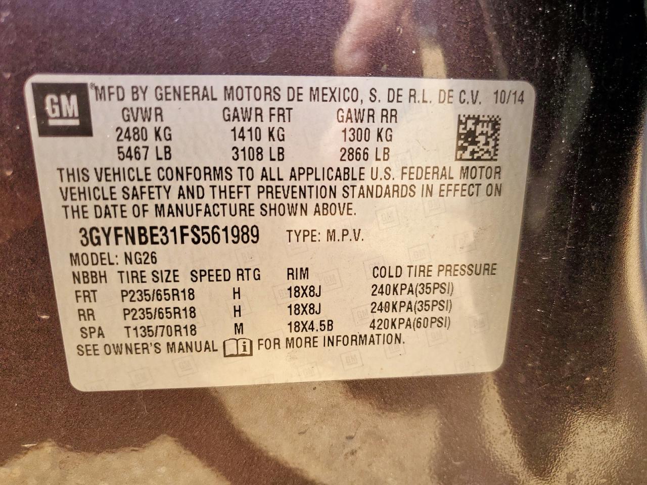 2015 Cadillac Srx Luxury Collection VIN: 3GYFNBE31FS561989 Lot: 56866005