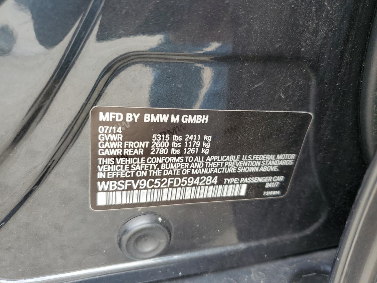 2015 BMW M5 VIN: WBSFV9C52FD594284 Lot: 55893555