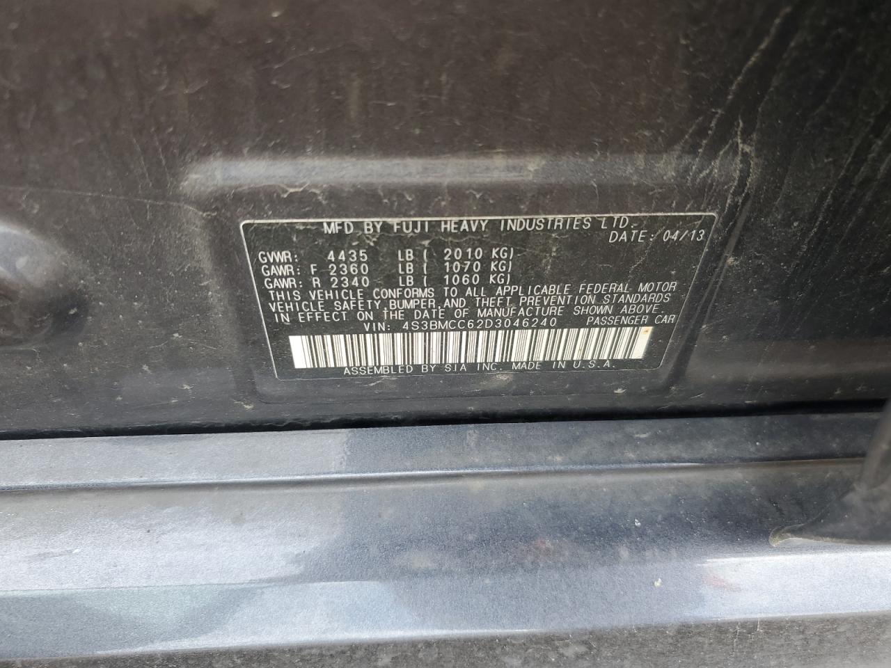 2013 Subaru Legacy 2.5I Premium VIN: 4S3BMCC62D3046240 Lot: 56543735