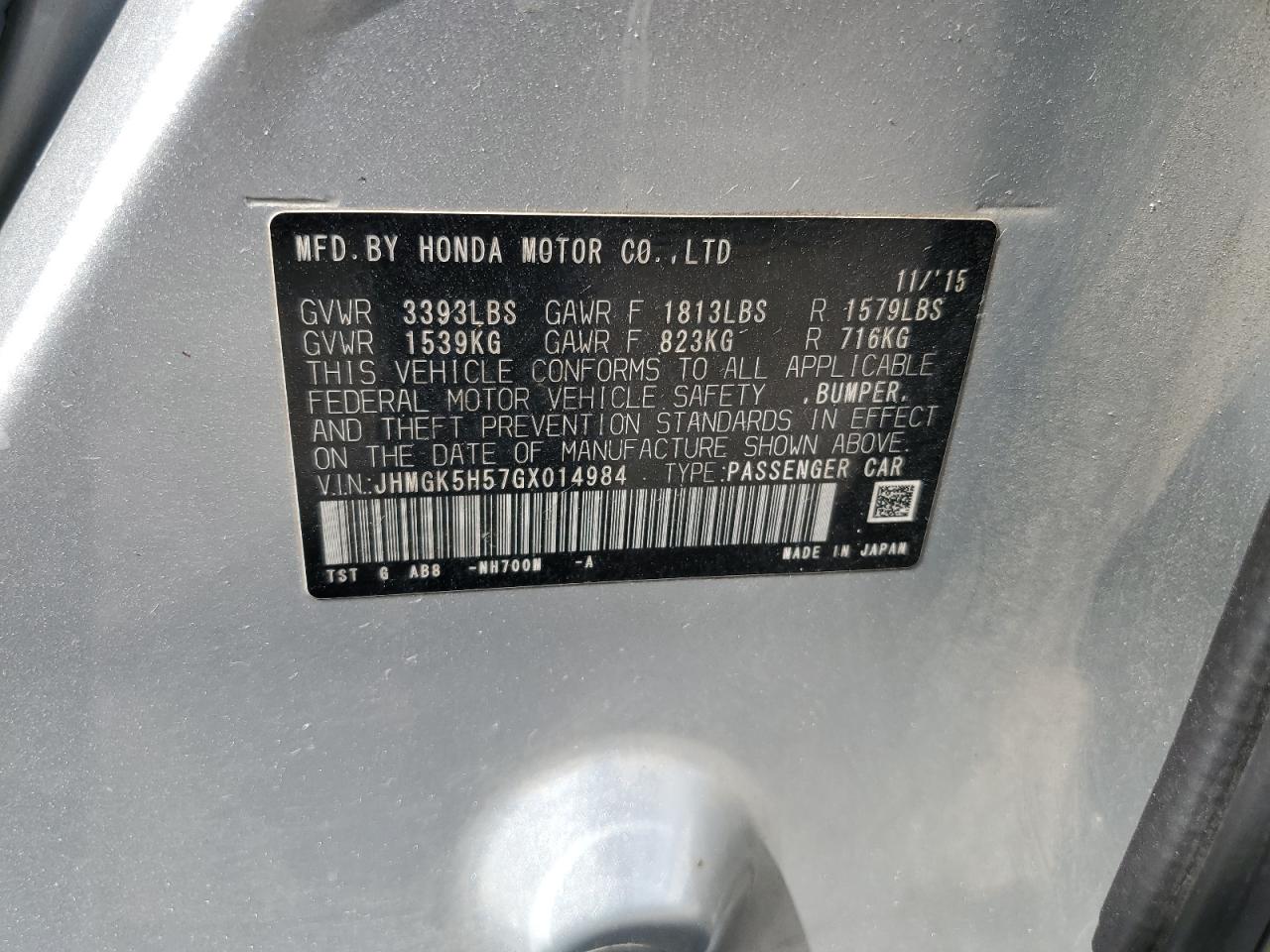 2016 Honda Fit Lx VIN: JHMGK5H57GX014984 Lot: 56843315