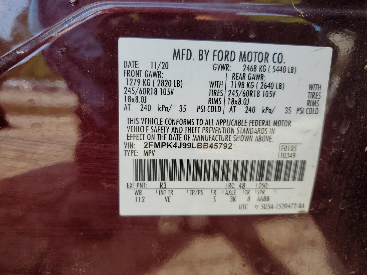 2020 Ford Edge Sel VIN: 2FMPK4J99LBB45792 Lot: 56057735