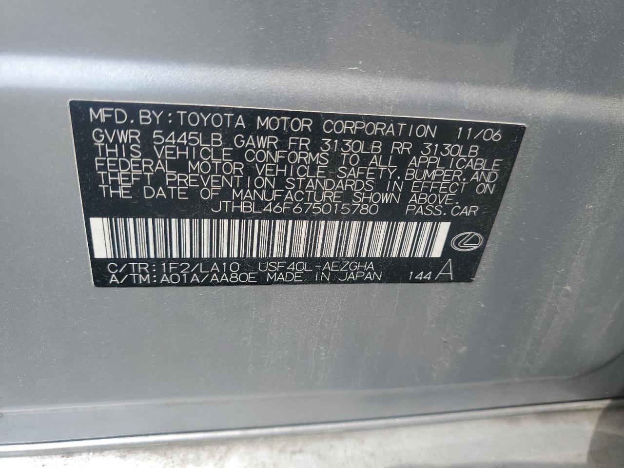 2007 Lexus Ls 460 VIN: JTHBL46F675015780 Lot: 57229485