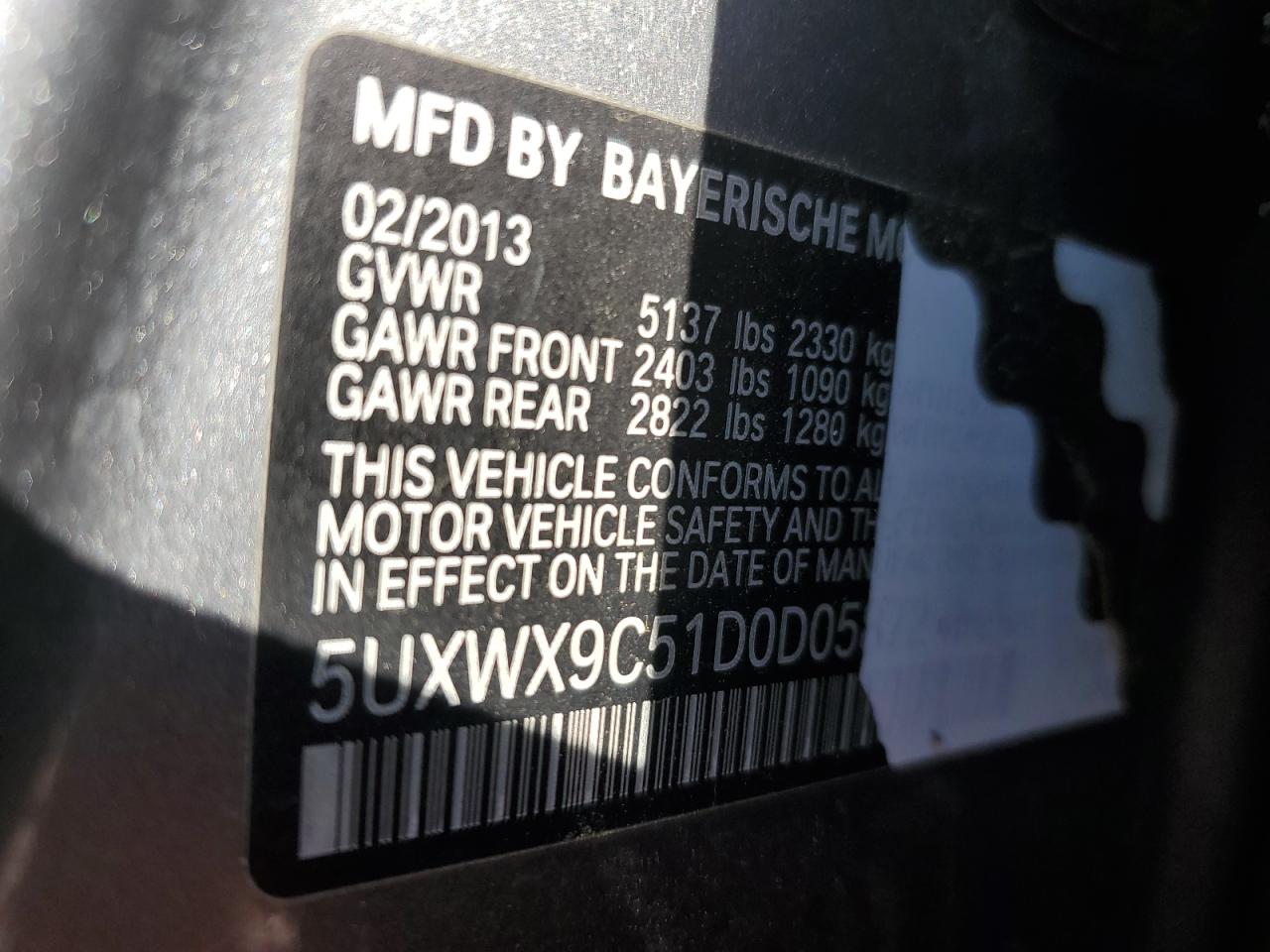 2013 BMW X3 xDrive28I VIN: 5UXWX9C51D0D05872 Lot: 56051295