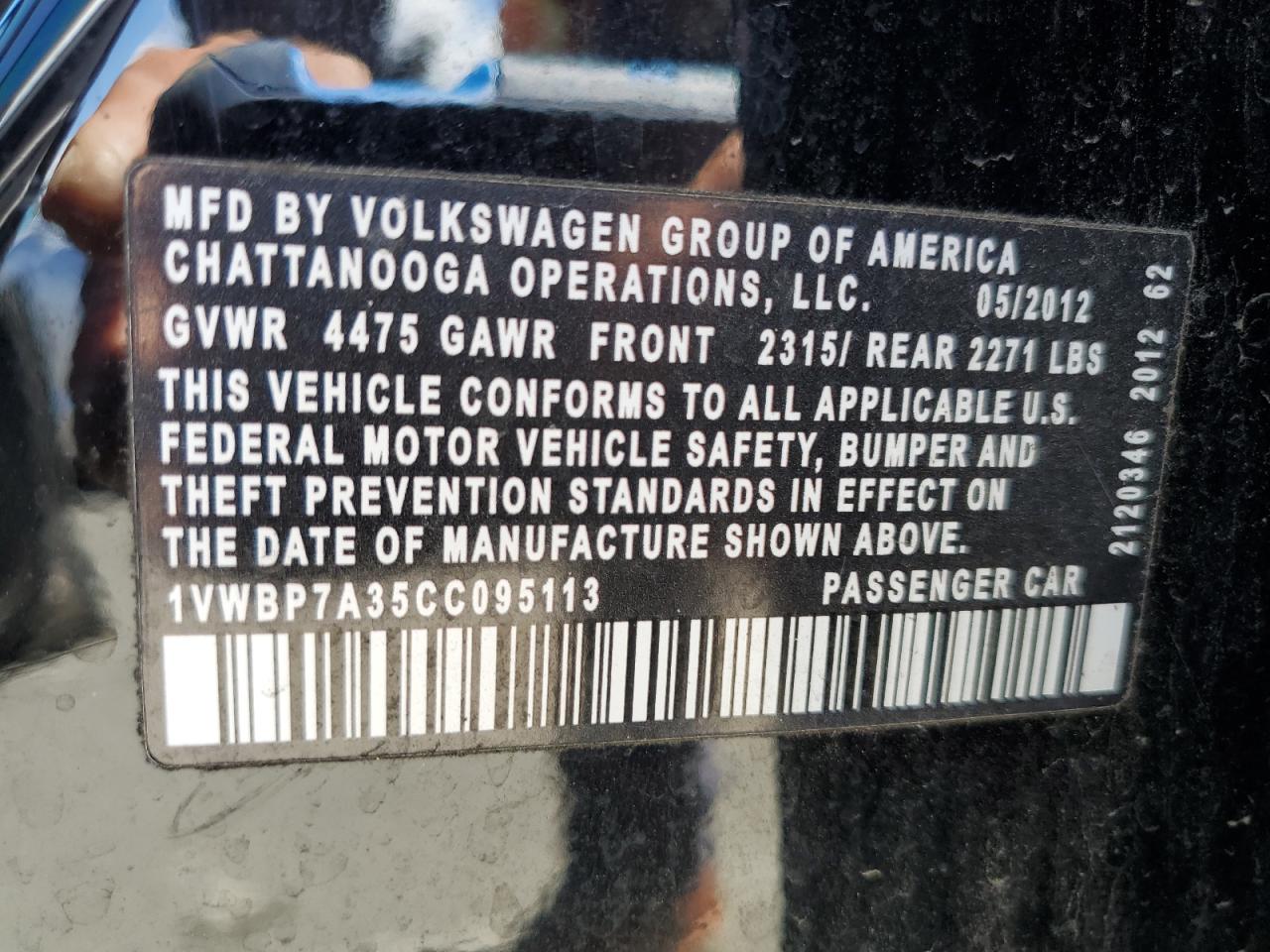 2012 Volkswagen Passat Se VIN: 1VWBP7A35CC095113 Lot: 56704005