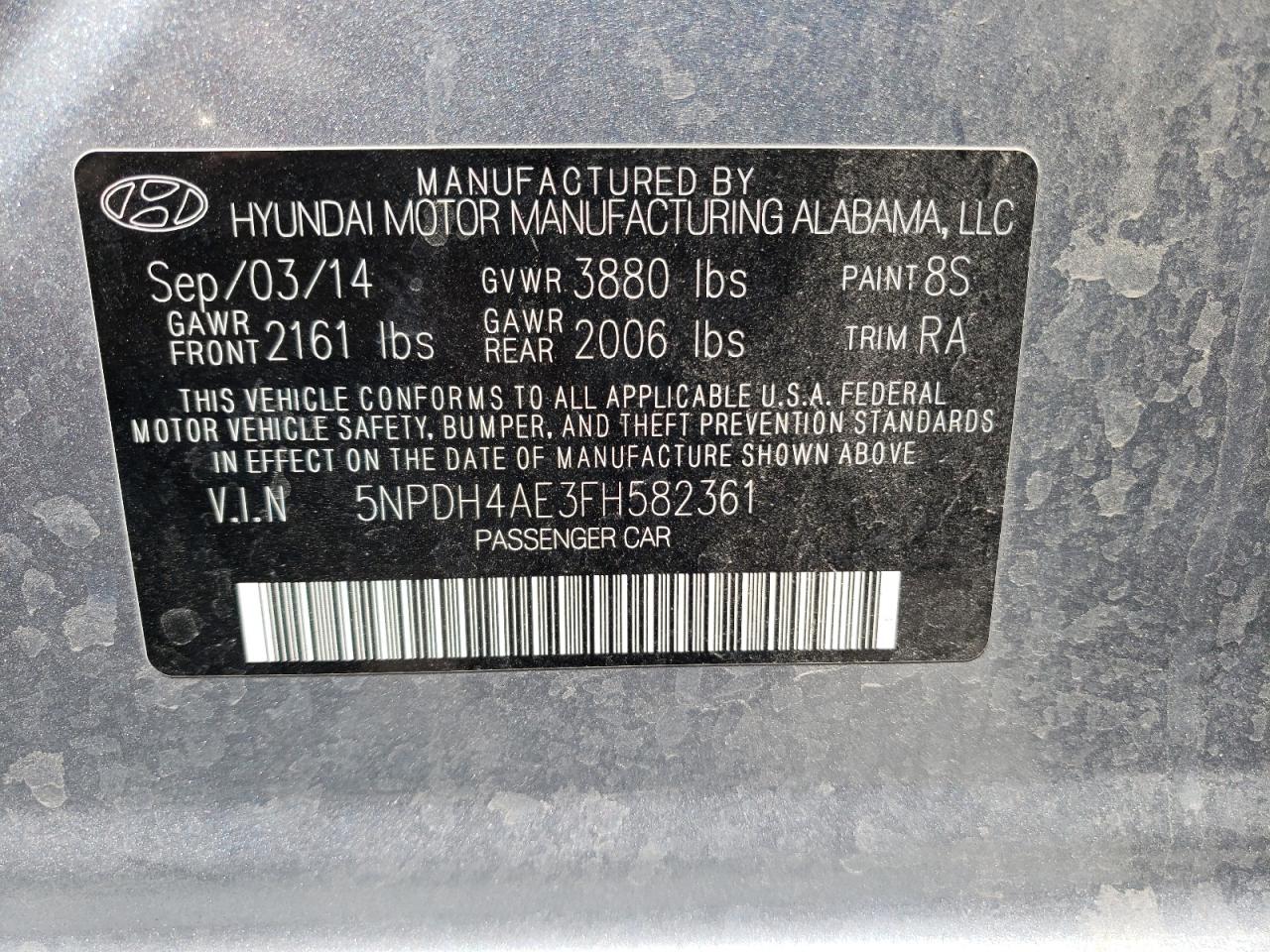 2015 Hyundai Elantra Se VIN: 5NPDH4AE3FH582361 Lot: 57289295