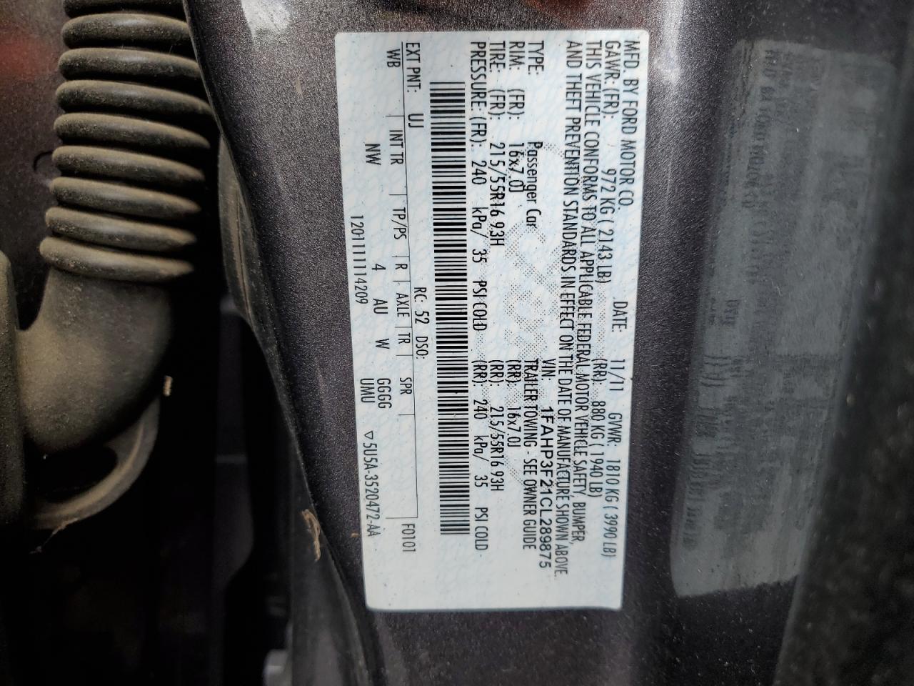 2012 Ford Focus Se VIN: 1FAHP3F21CL289875 Lot: 56784125