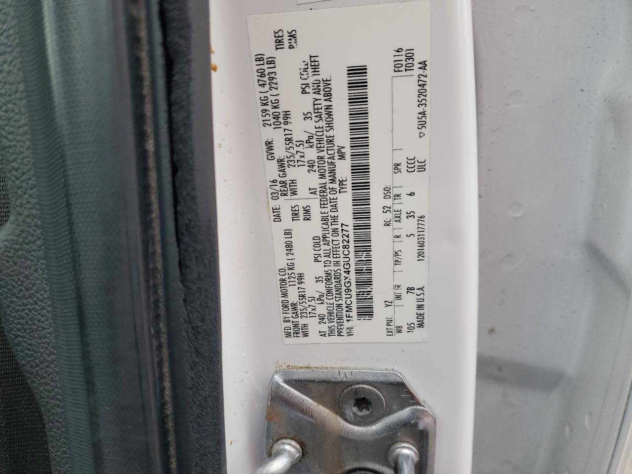 2016 Ford Escape Se VIN: 1FMCU9GX4GUC82277 Lot: 56891035