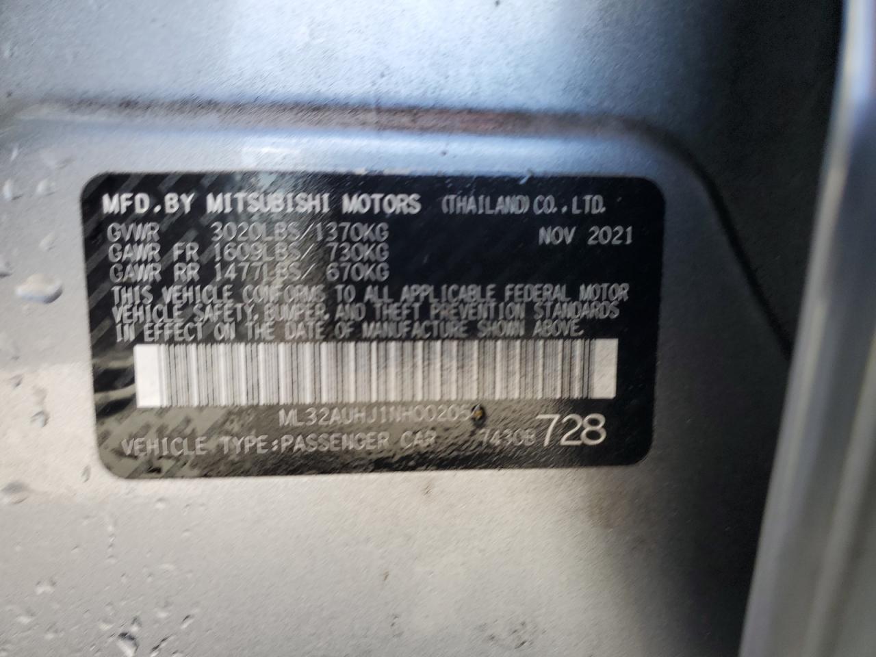 2022 Mitsubishi Mirage Es VIN: ML32AUHJ1NH002054 Lot: 55688255