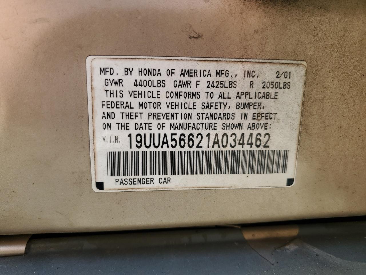 2001 Acura 3.2Tl VIN: 19UUA56621A034462 Lot: 55503115