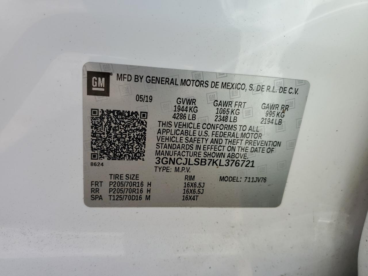2019 Chevrolet Trax 1Lt VIN: 3GNCJLSB7KL376721 Lot: 57143375