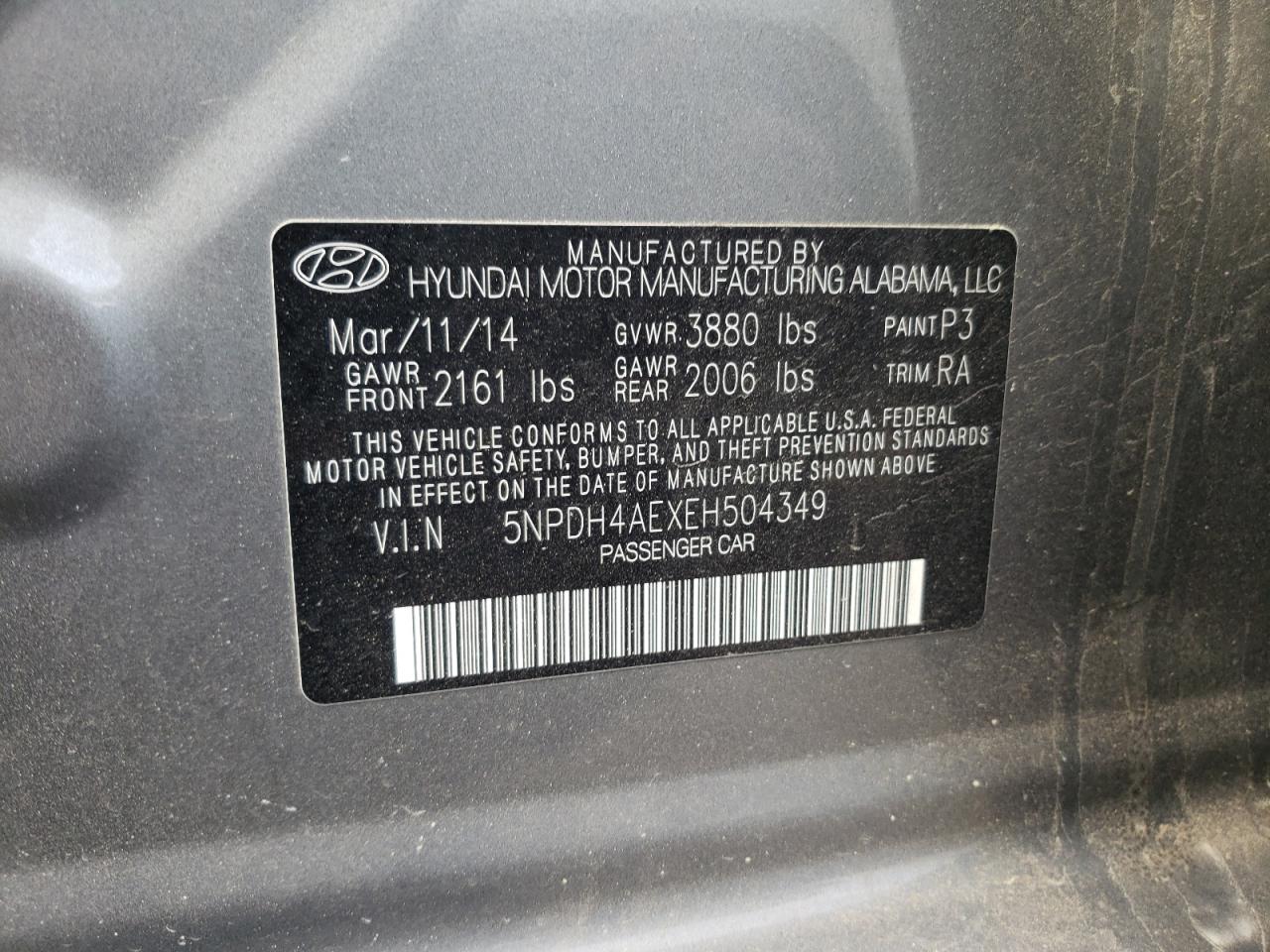 2014 Hyundai Elantra Se VIN: 5NPDH4AEXEH504349 Lot: 55801425