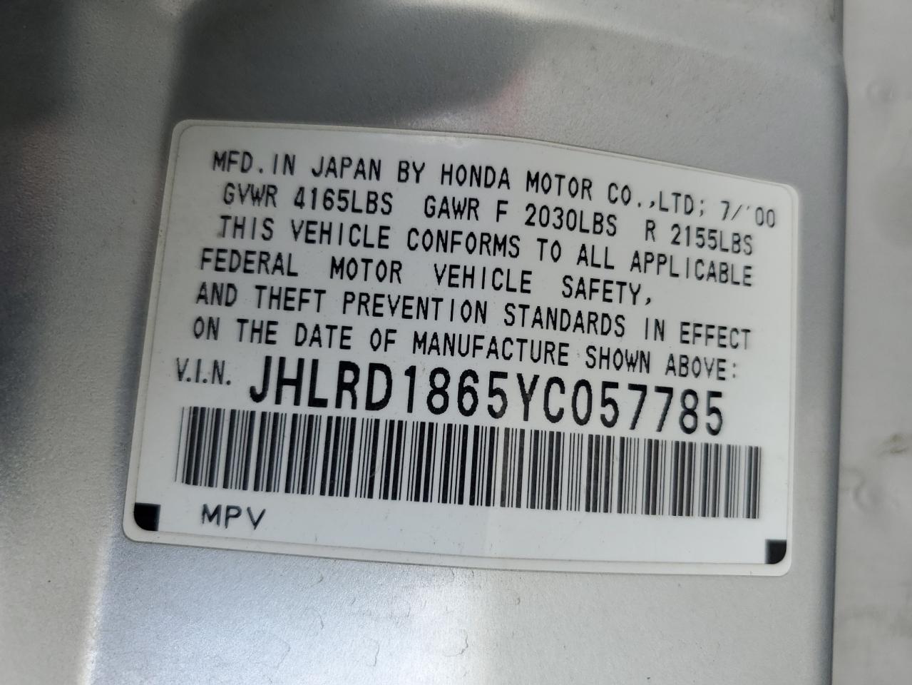 2000 Honda Cr-V Ex VIN: JHLRD1865YC057785 Lot: 56769245
