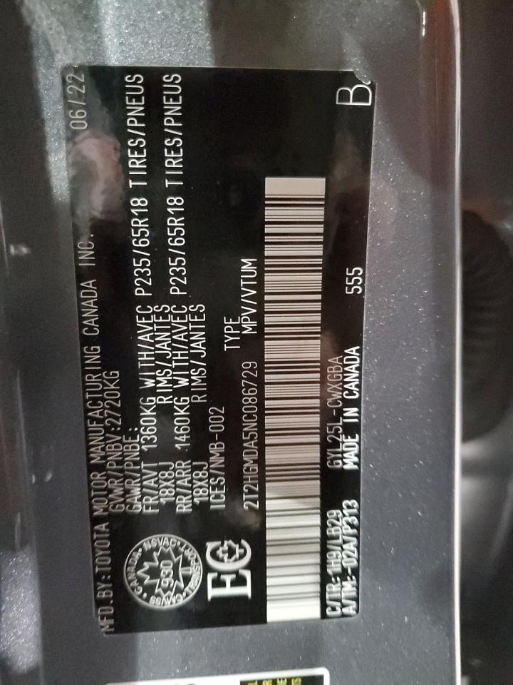 2022 Lexus Rx 450H VIN: 2T2HGMDA5NC086729 Lot: 57111595