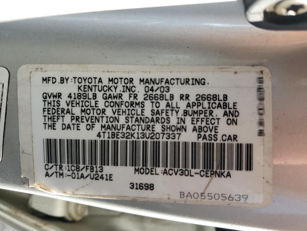 2003 Toyota Camry Le VIN: 4T1BE32K13U207337 Lot: 58038565