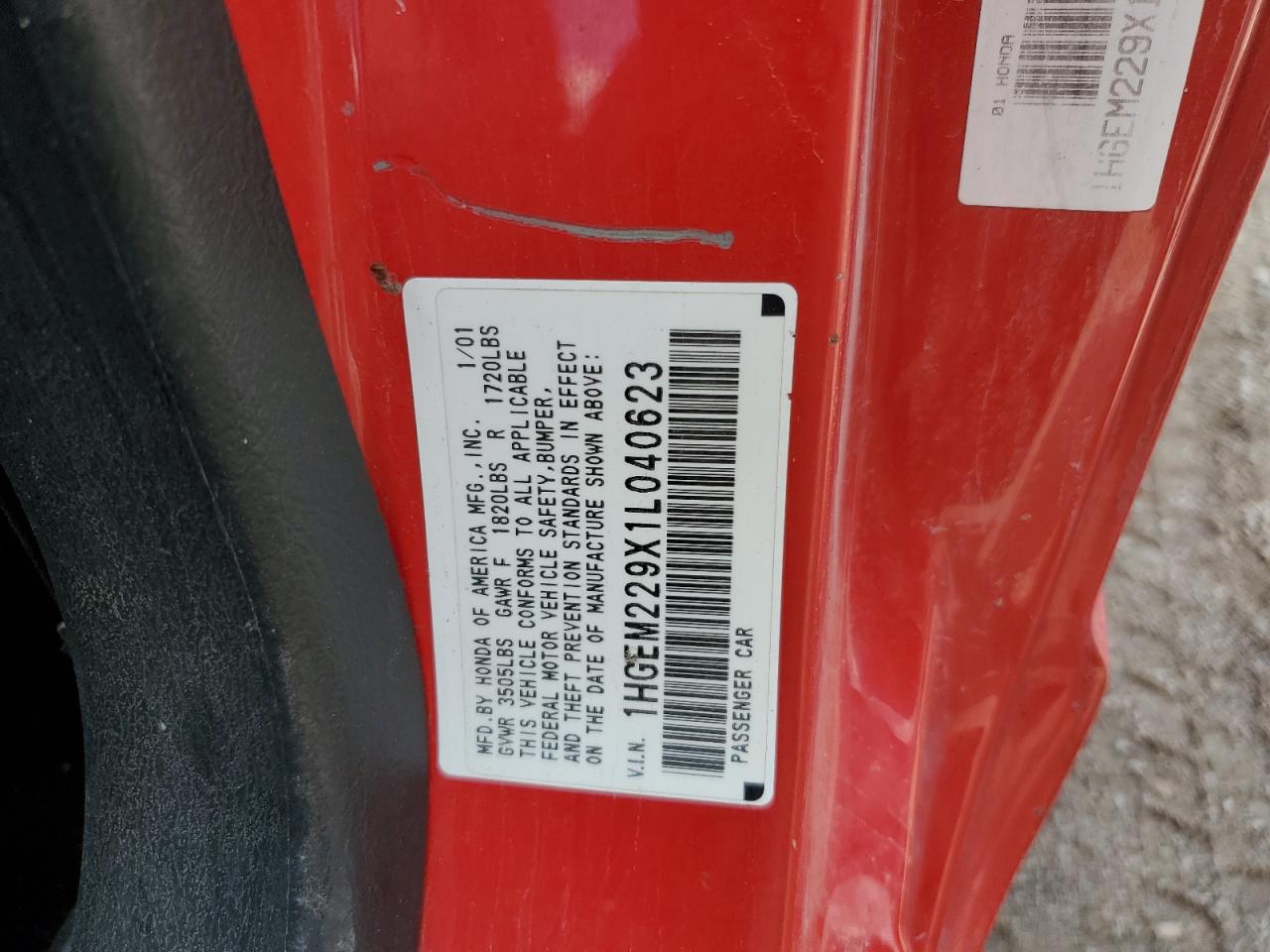 2001 Honda Civic Si VIN: 1HGEM229X1L040623 Lot: 58432465