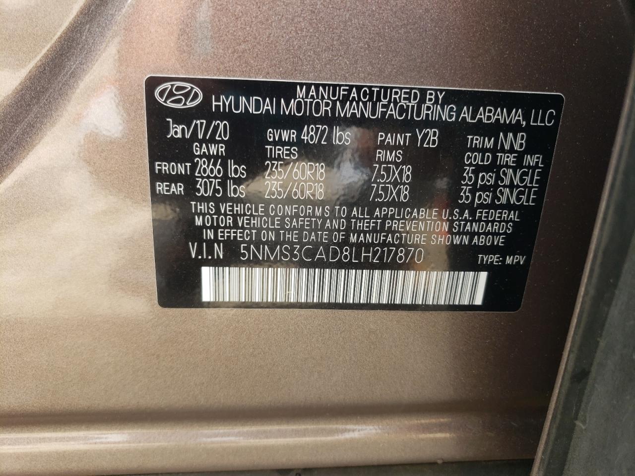 2020 Hyundai Santa Fe Sel VIN: 5NMS3CAD8LH217870 Lot: 56844245