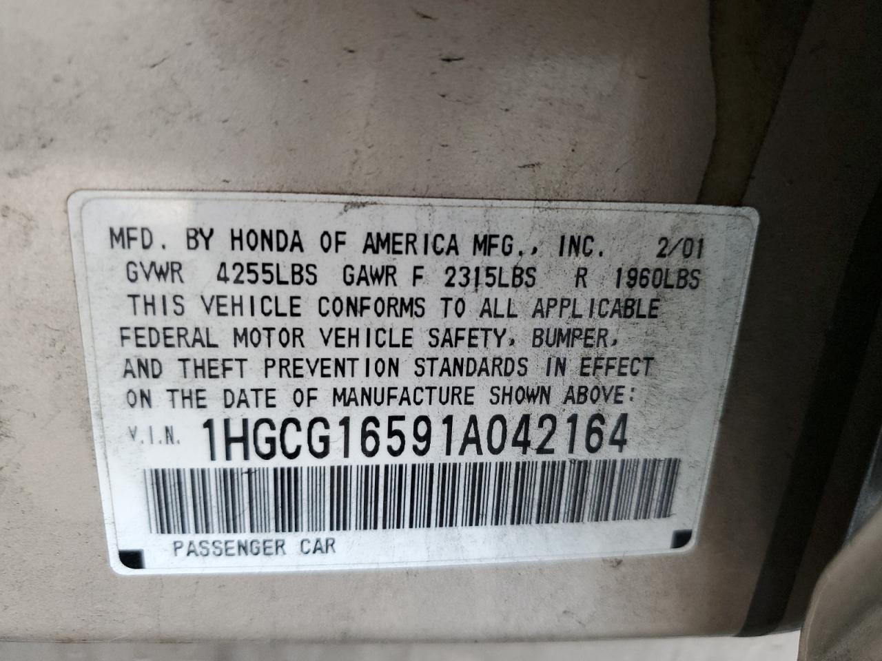 2001 Honda Accord Ex VIN: 1HGCG16591A042164 Lot: 57359225