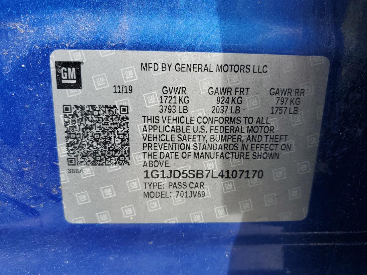 2020 Chevrolet Sonic Lt VIN: 1G1JD5SB7L4107170 Lot: 55286335