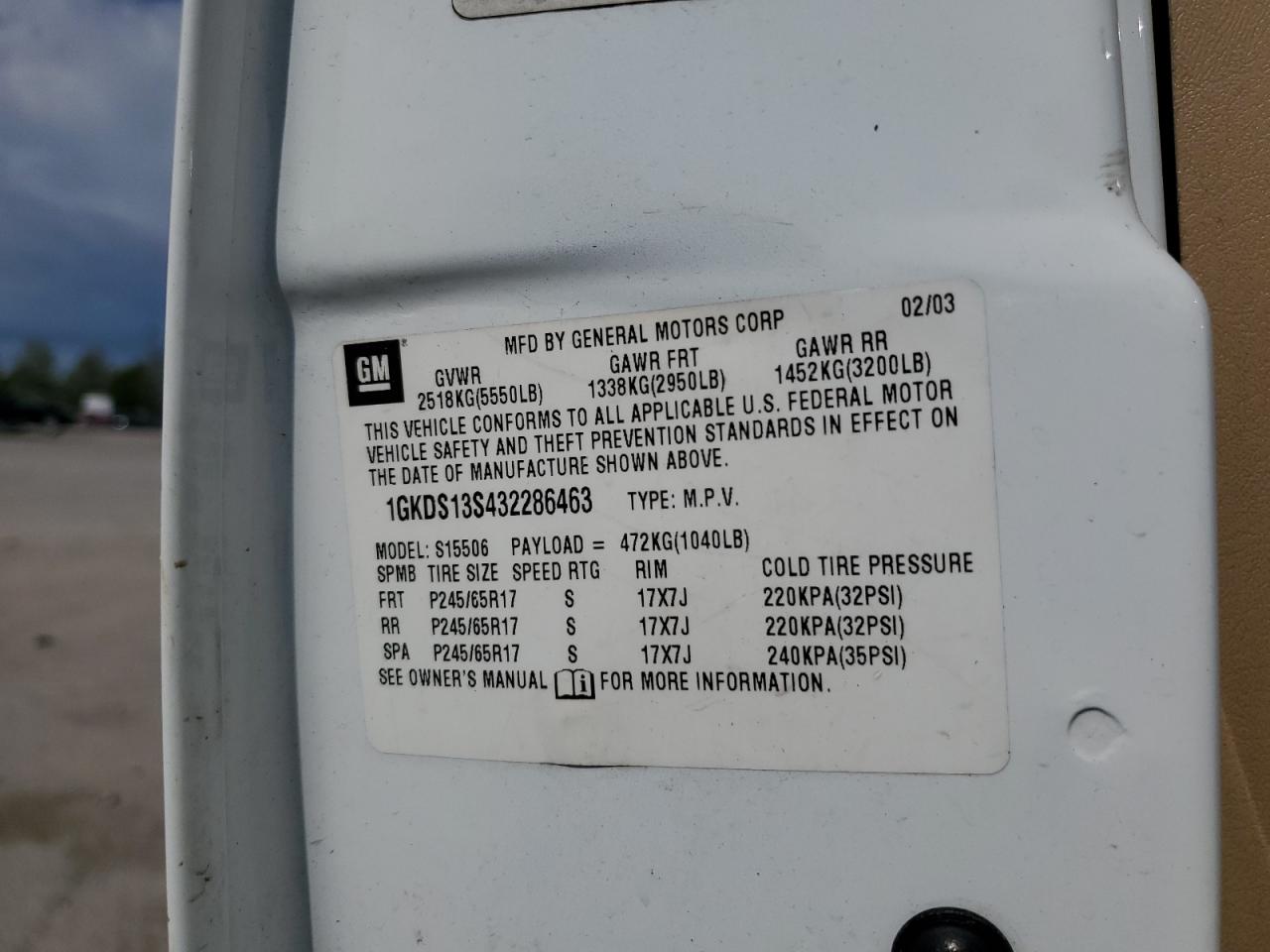 2003 GMC Envoy VIN: 1GKDS13S432286463 Lot: 57333735
