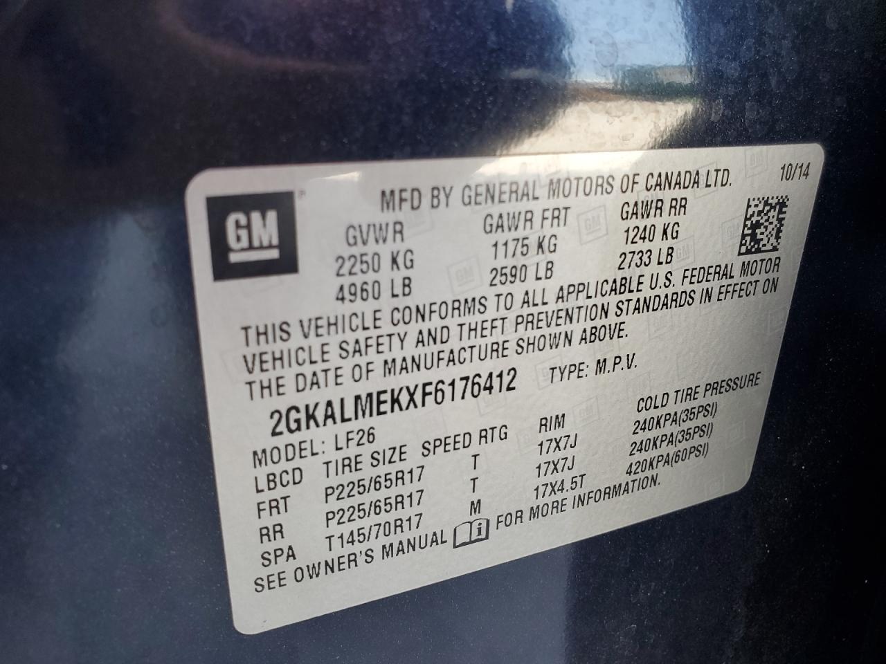 2015 GMC Terrain Sle VIN: 2GKALMEKXF6176412 Lot: 57250995
