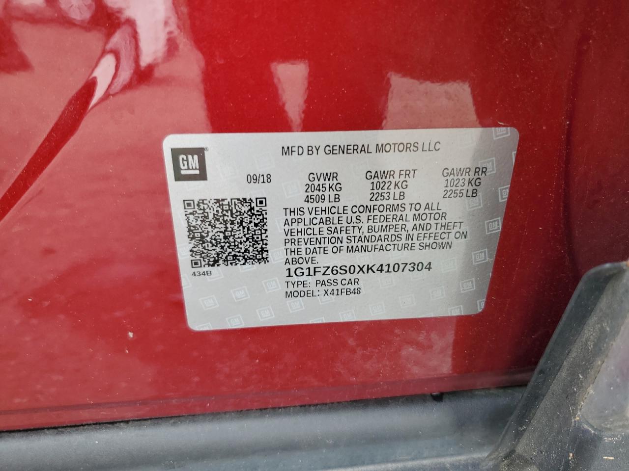 2019 Chevrolet Bolt Ev Premier VIN: 1G1FZ6S0XK4107304 Lot: 58623885