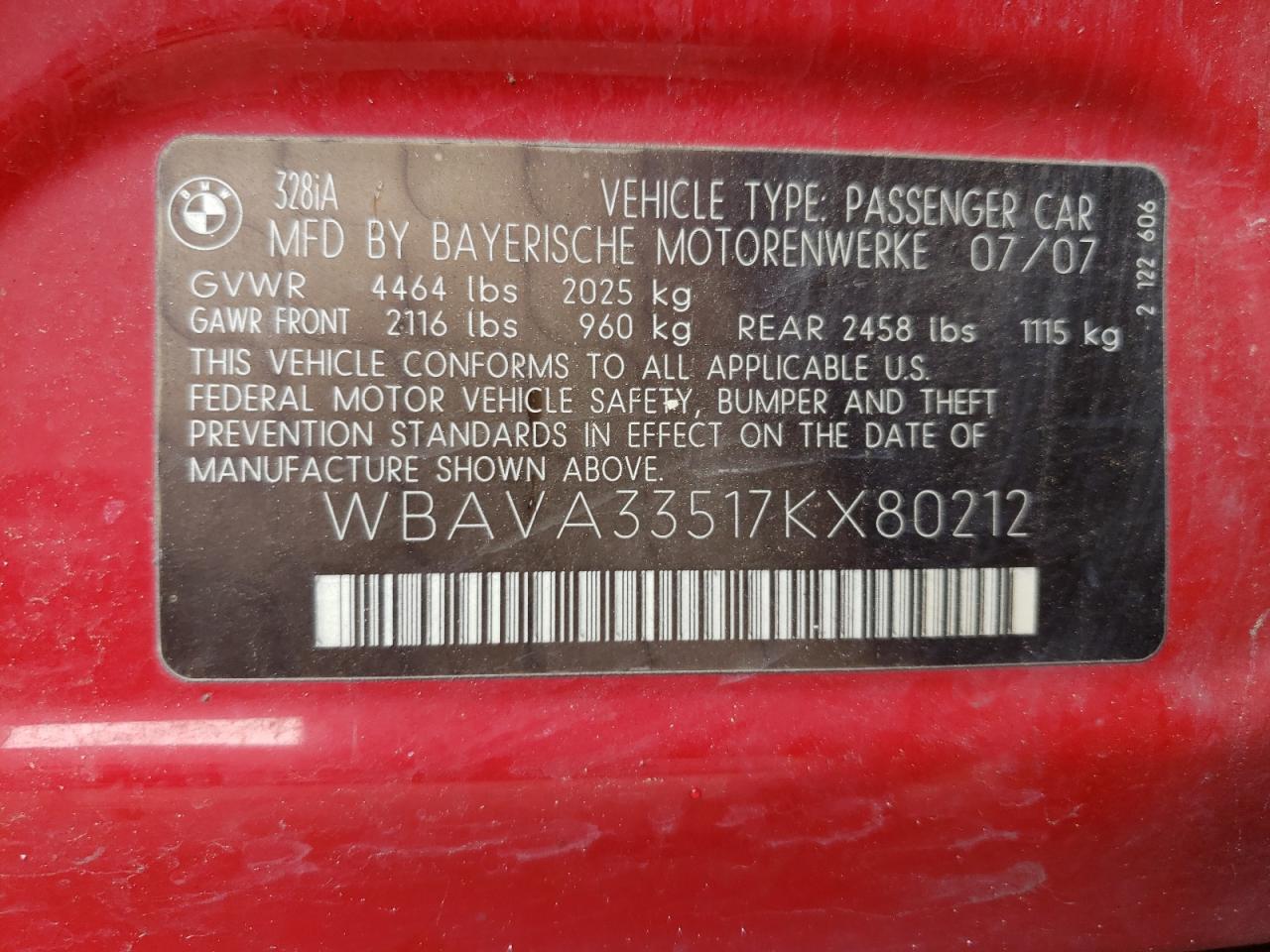 2007 BMW 328 I VIN: WBAVA33517KX80212 Lot: 55639855