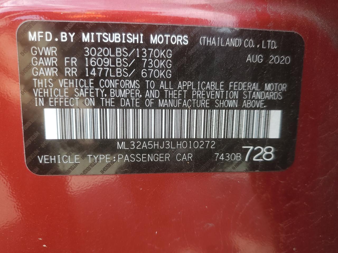2020 Mitsubishi Mirage Le VIN: ML32A5HJ3LH010272 Lot: 57083625