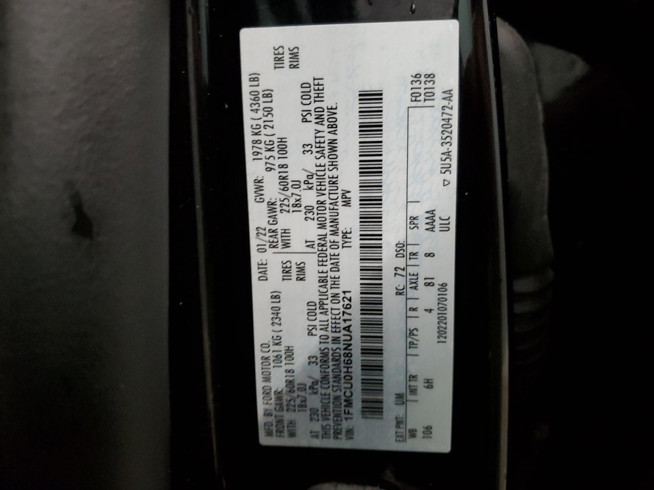 2022 Ford Escape Sel VIN: 1FMCU0H68NUA17621 Lot: 58486955