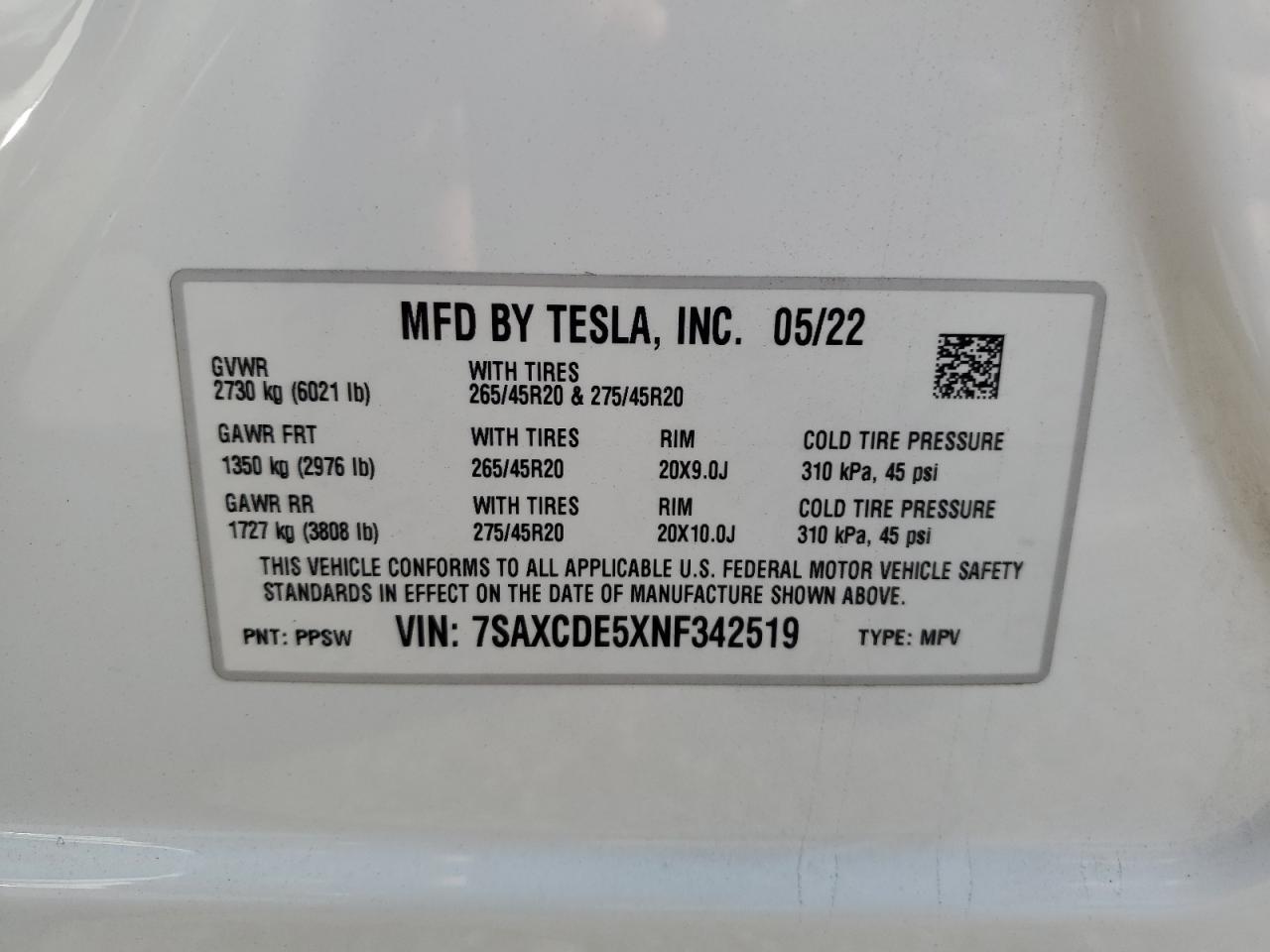 2022 Tesla Model X VIN: 7SAXCDE5XNF342519 Lot: 59028745