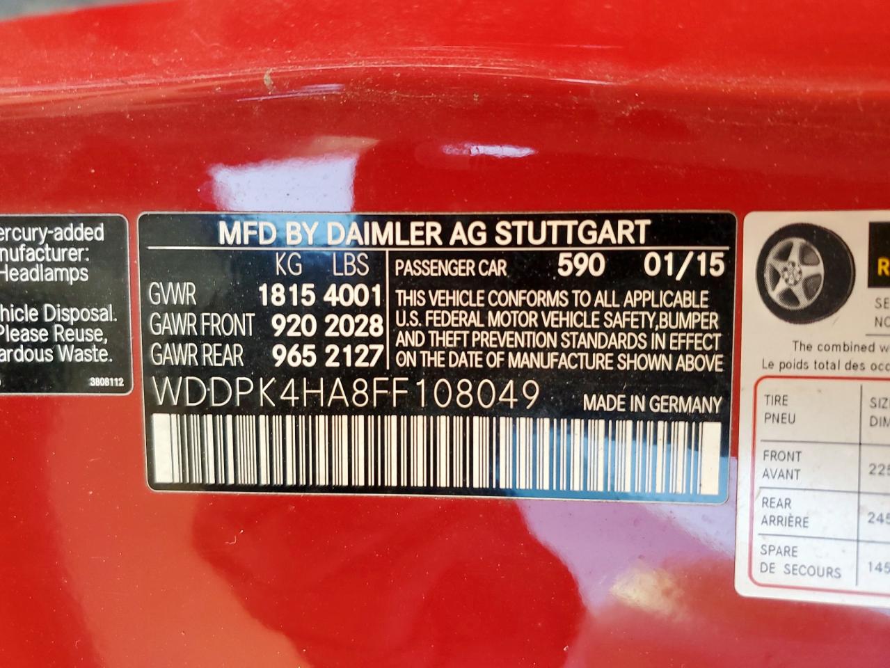 2015 Mercedes-Benz Slk 250 VIN: WDDPK4HA8FF108049 Lot: 56337355