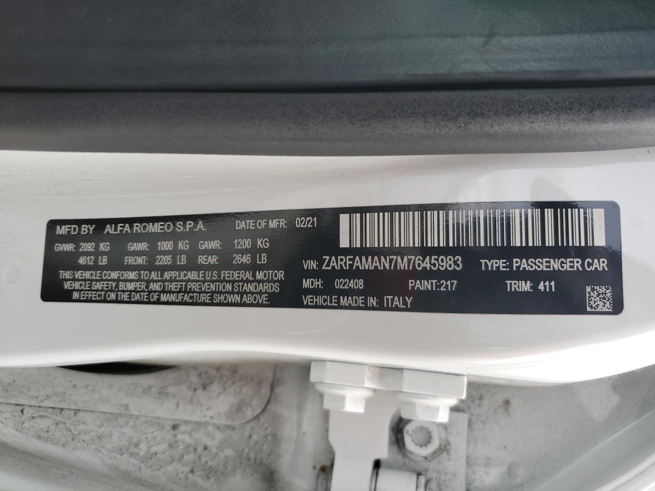2021 Alfa Romeo Giulia Sport VIN: ZARFAMAN7M7645983 Lot: 57454945
